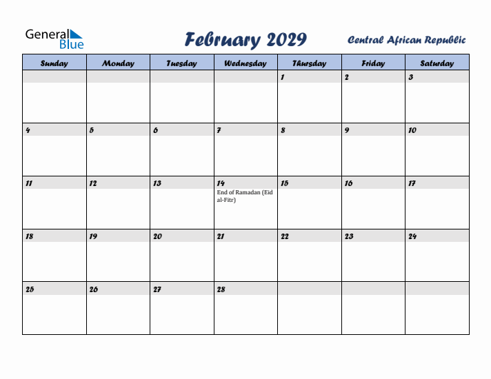 February 2029 Calendar with Holidays in Central African Republic