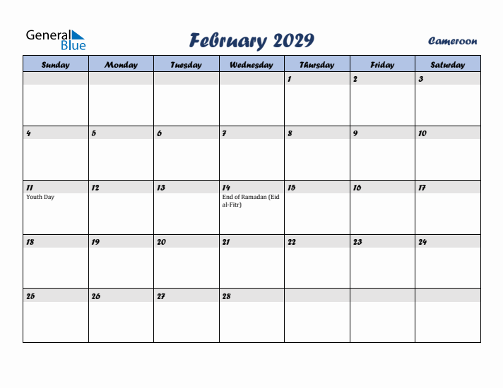 February 2029 Calendar with Holidays in Cameroon