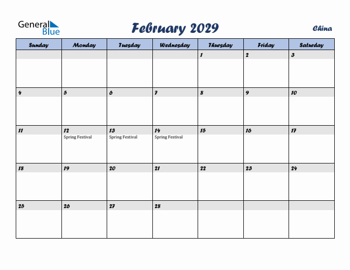 February 2029 Calendar with Holidays in China