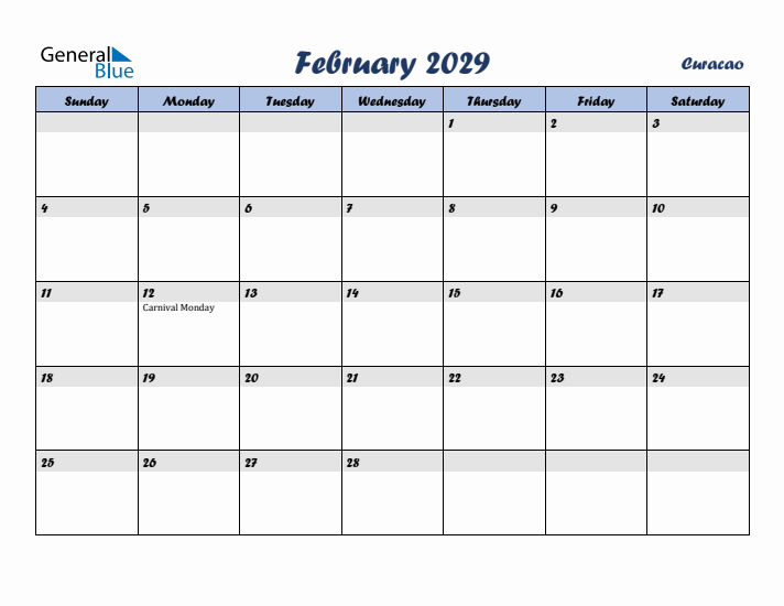 February 2029 Calendar with Holidays in Curacao