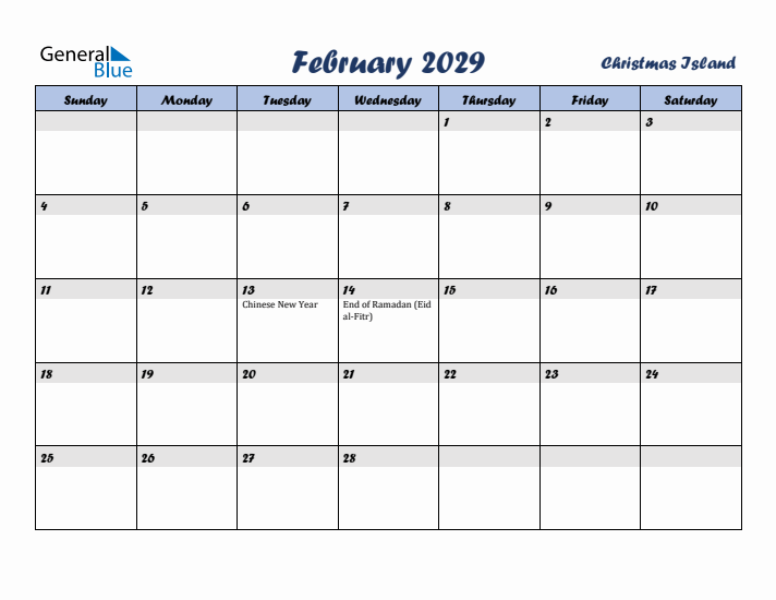 February 2029 Calendar with Holidays in Christmas Island