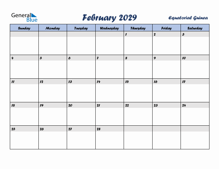 February 2029 Calendar with Holidays in Equatorial Guinea