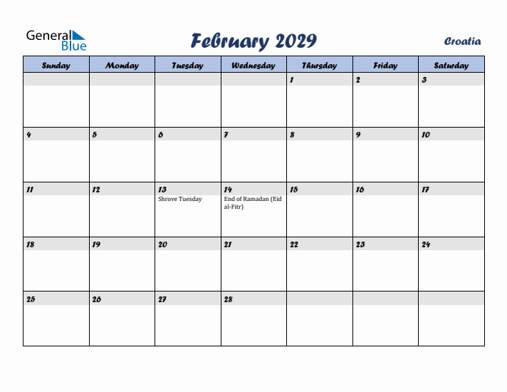 February 2029 Calendar with Holidays in Croatia