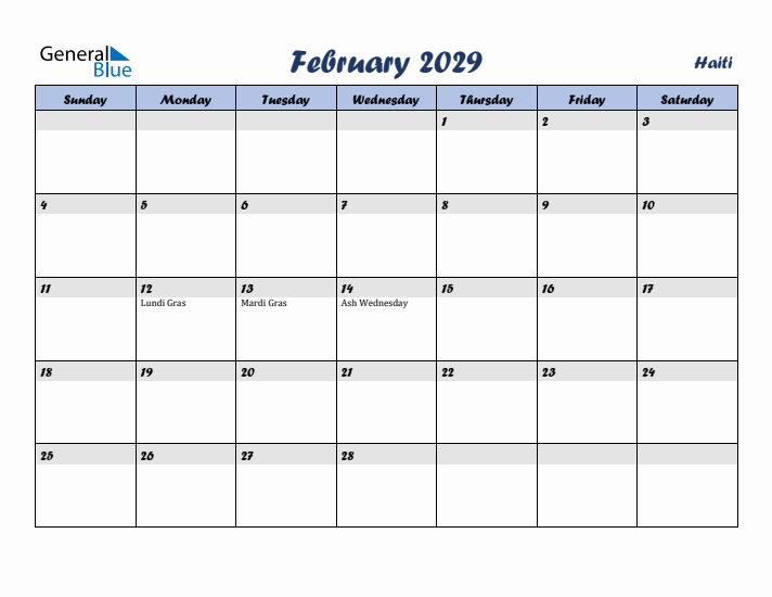 February 2029 Calendar with Holidays in Haiti