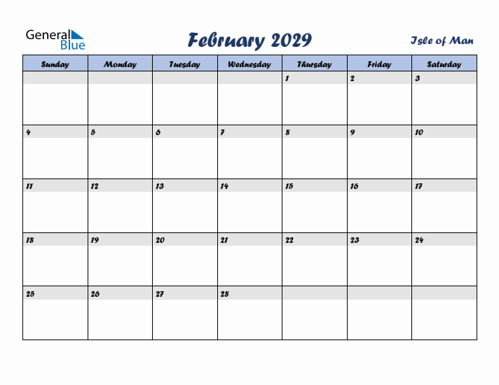 February 2029 Calendar with Holidays in Isle of Man