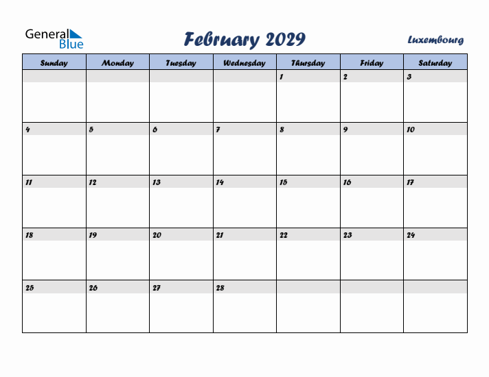 February 2029 Calendar with Holidays in Luxembourg