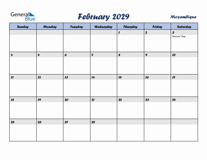 February 2029 Calendar with Holidays in Mozambique