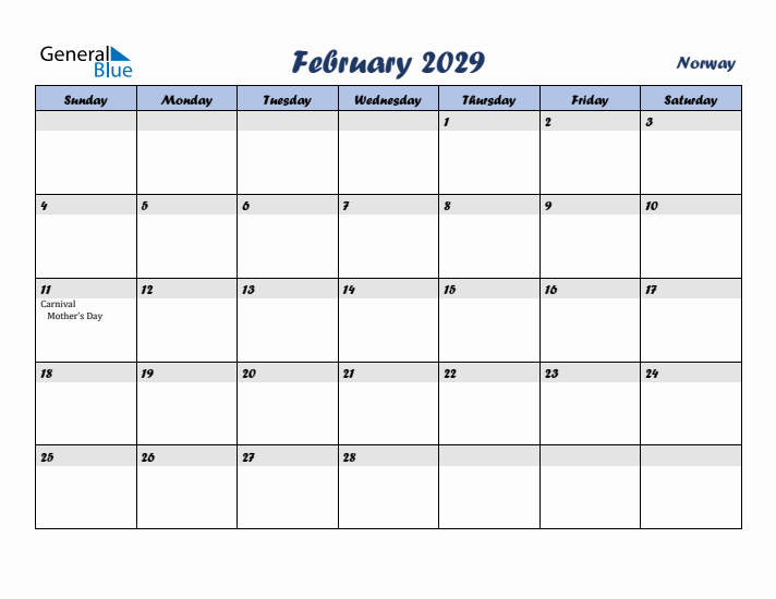 February 2029 Calendar with Holidays in Norway