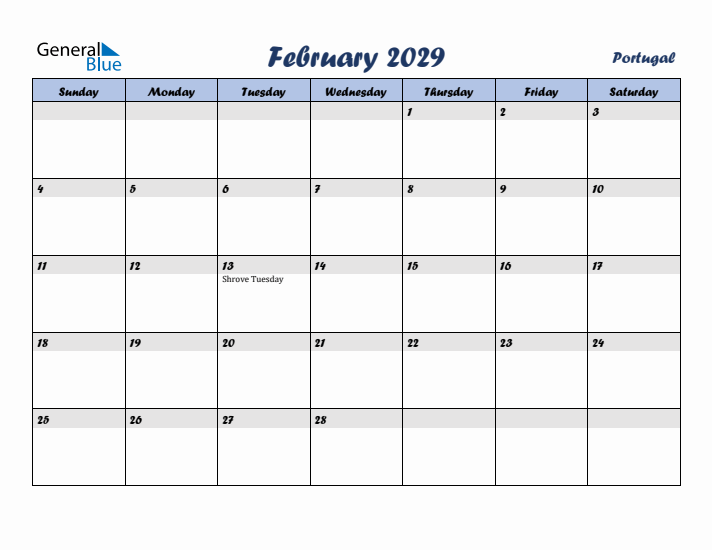 February 2029 Calendar with Holidays in Portugal