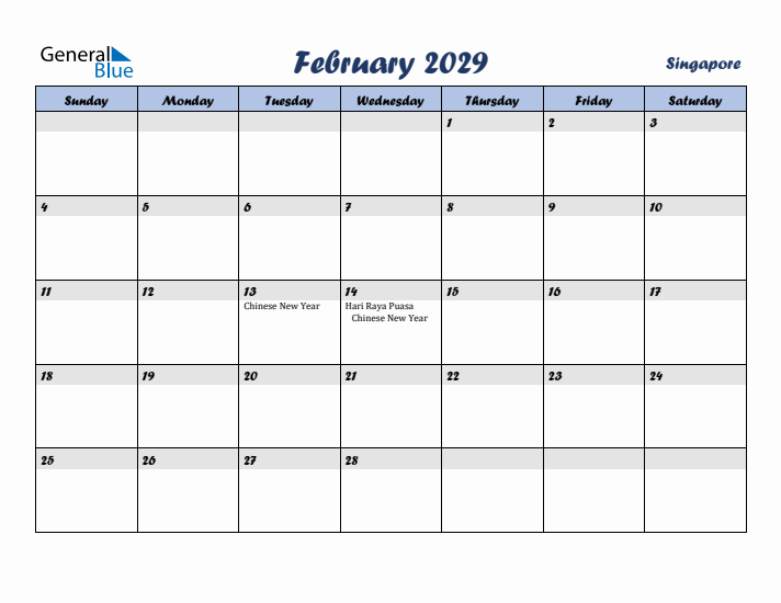 February 2029 Calendar with Holidays in Singapore