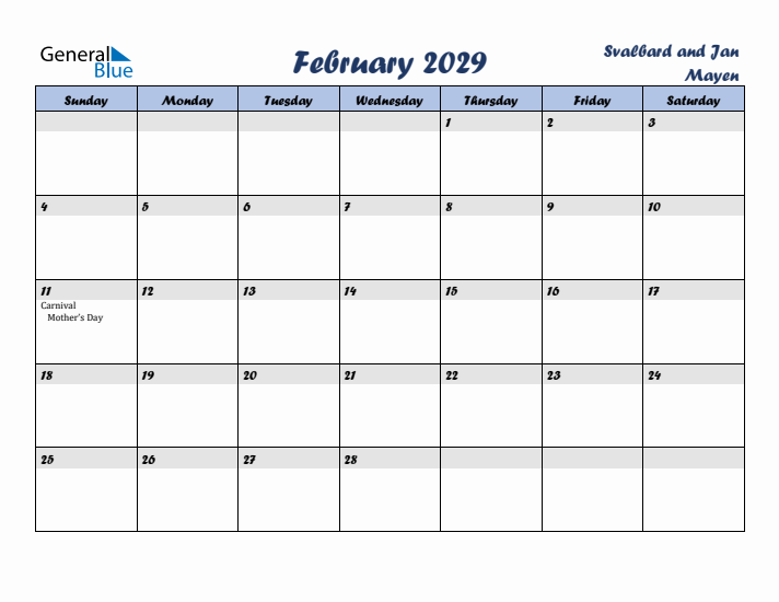 February 2029 Calendar with Holidays in Svalbard and Jan Mayen