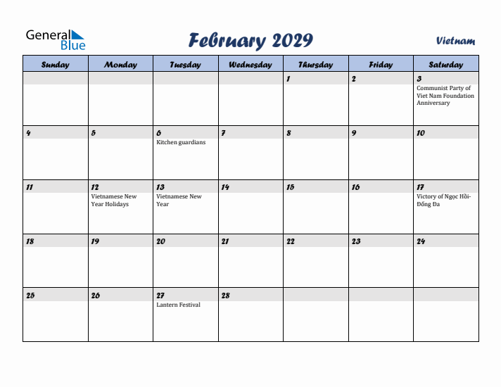 February 2029 Calendar with Holidays in Vietnam