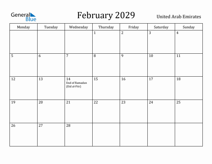 February 2029 Calendar United Arab Emirates