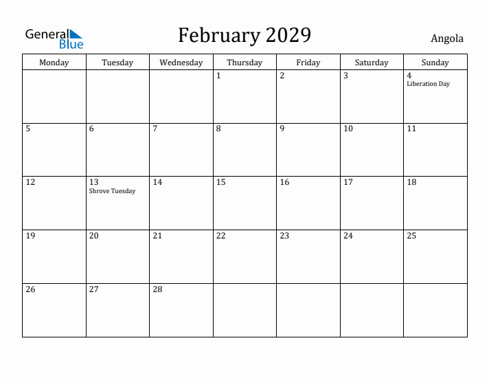 February 2029 Calendar Angola