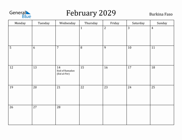 February 2029 Calendar Burkina Faso