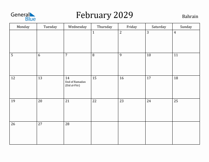 February 2029 Calendar Bahrain