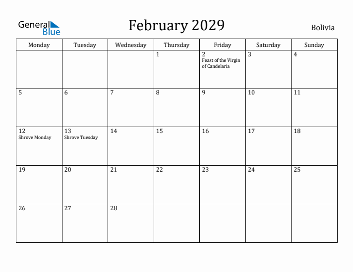 February 2029 Calendar Bolivia