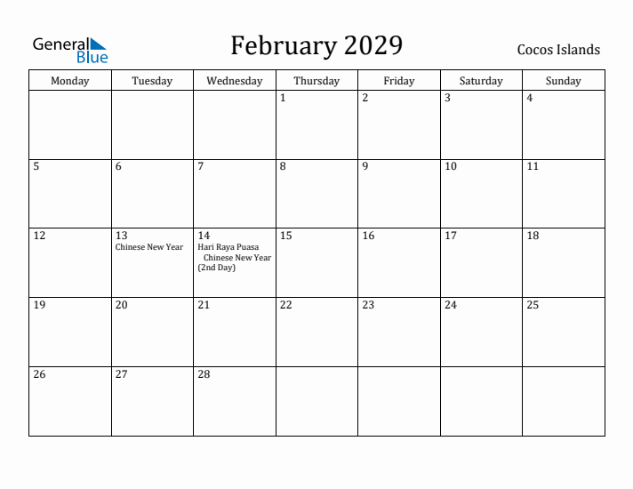 February 2029 Calendar Cocos Islands