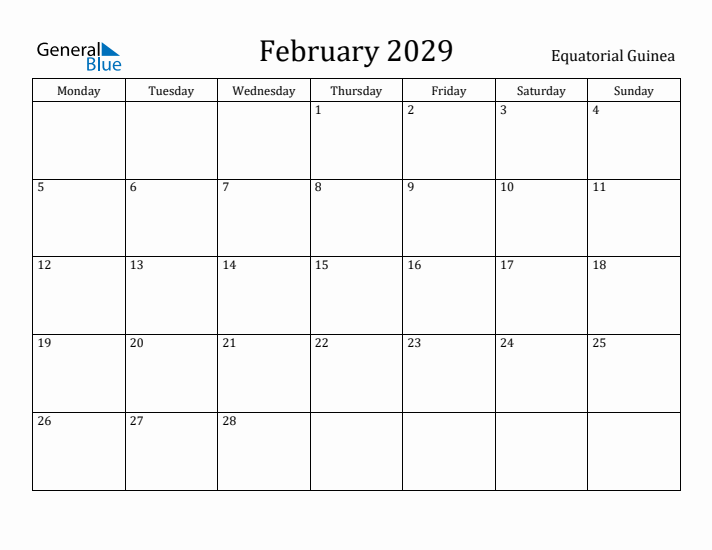 February 2029 Calendar Equatorial Guinea