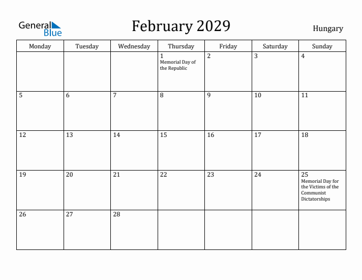 February 2029 Calendar Hungary