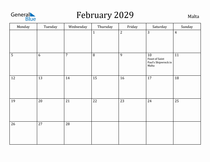 February 2029 Calendar Malta