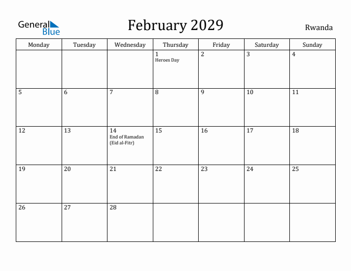 February 2029 Calendar Rwanda