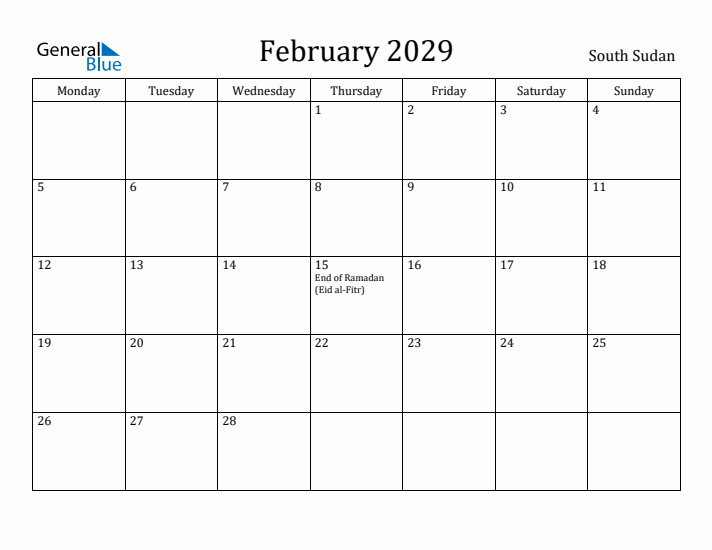 February 2029 Calendar South Sudan