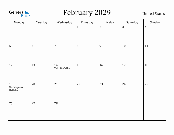 February 2029 Calendar United States