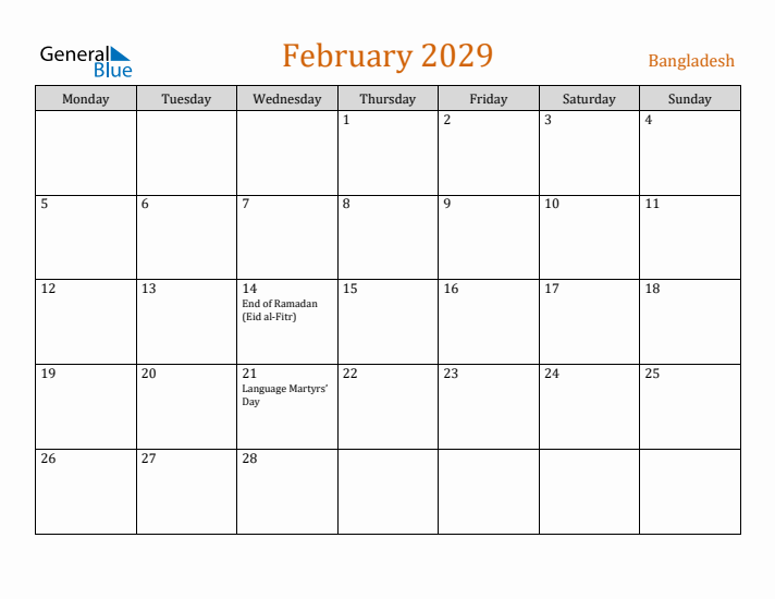 February 2029 Holiday Calendar with Monday Start