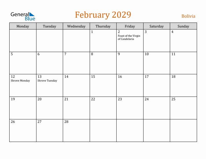 February 2029 Holiday Calendar with Monday Start