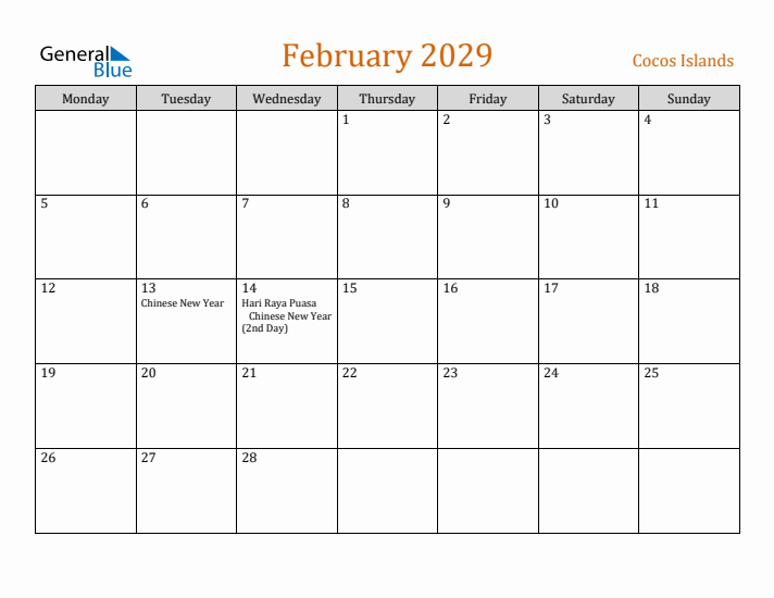 February 2029 Holiday Calendar with Monday Start