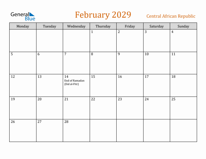 February 2029 Holiday Calendar with Monday Start