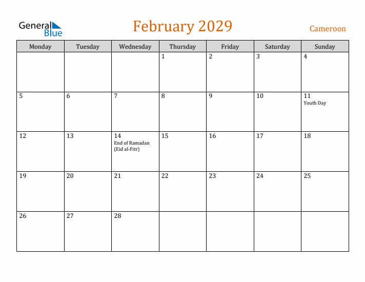 February 2029 Holiday Calendar with Monday Start