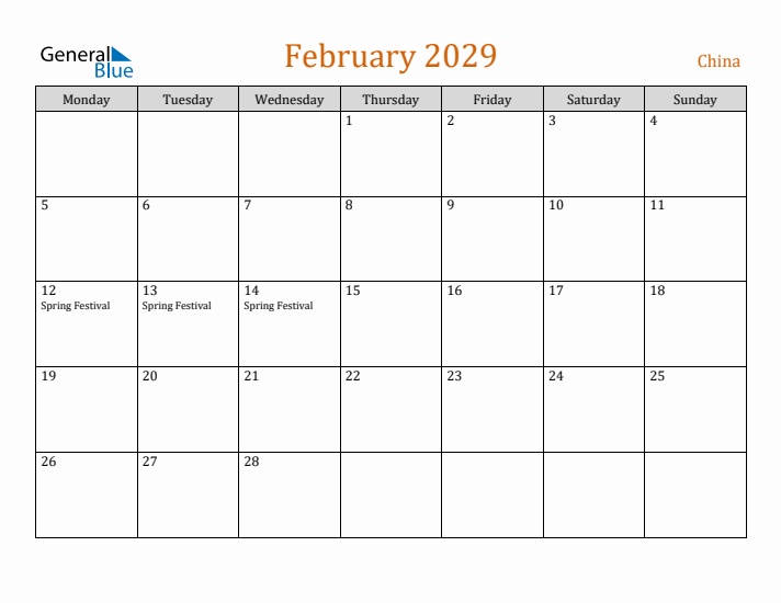 February 2029 Holiday Calendar with Monday Start