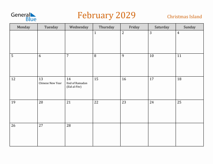 February 2029 Holiday Calendar with Monday Start