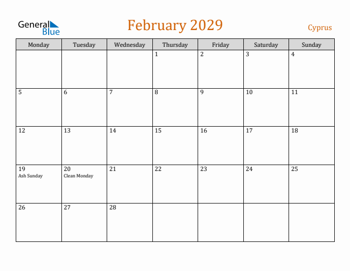 February 2029 Holiday Calendar with Monday Start