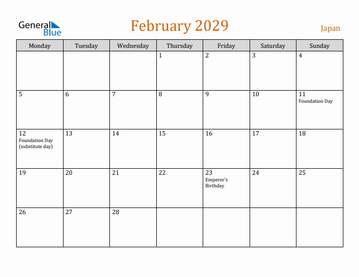 February 2029 Holiday Calendar with Monday Start