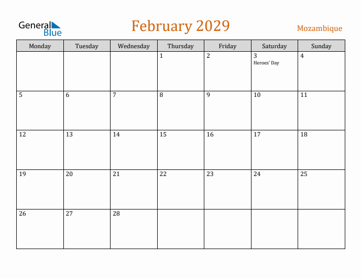 February 2029 Holiday Calendar with Monday Start