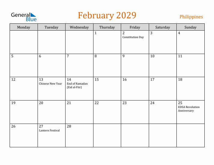 February 2029 Holiday Calendar with Monday Start