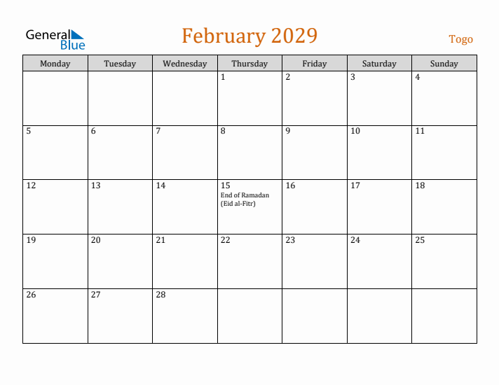 February 2029 Holiday Calendar with Monday Start