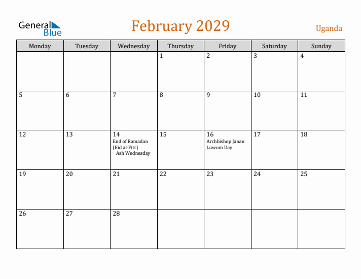 February 2029 Holiday Calendar with Monday Start