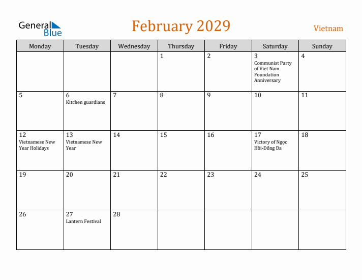 February 2029 Holiday Calendar with Monday Start