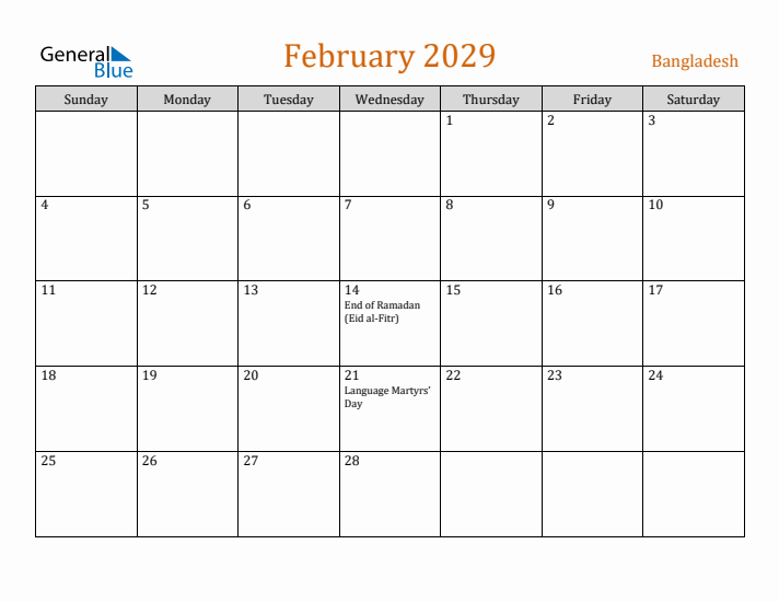 February 2029 Holiday Calendar with Sunday Start