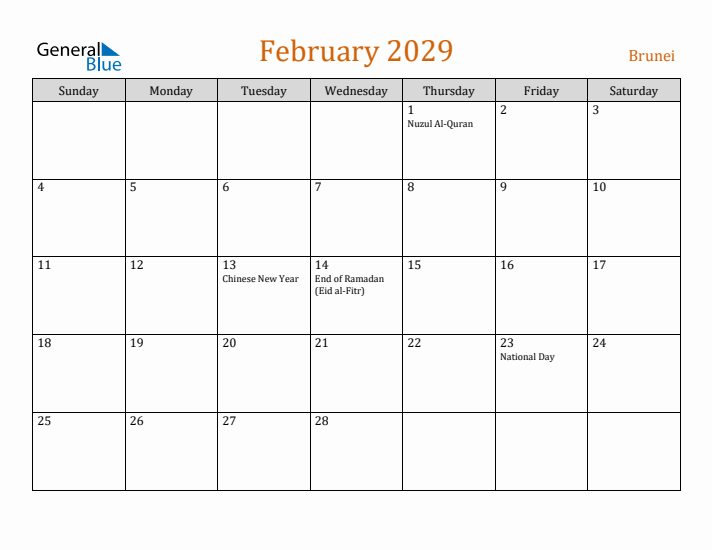 February 2029 Holiday Calendar with Sunday Start