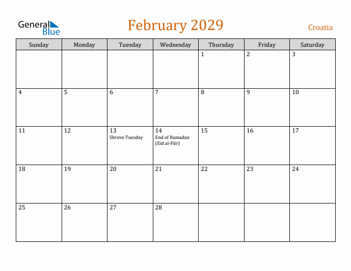 February 2029 Holiday Calendar with Sunday Start