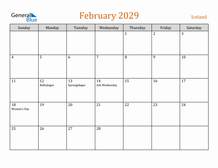 February 2029 Holiday Calendar with Sunday Start