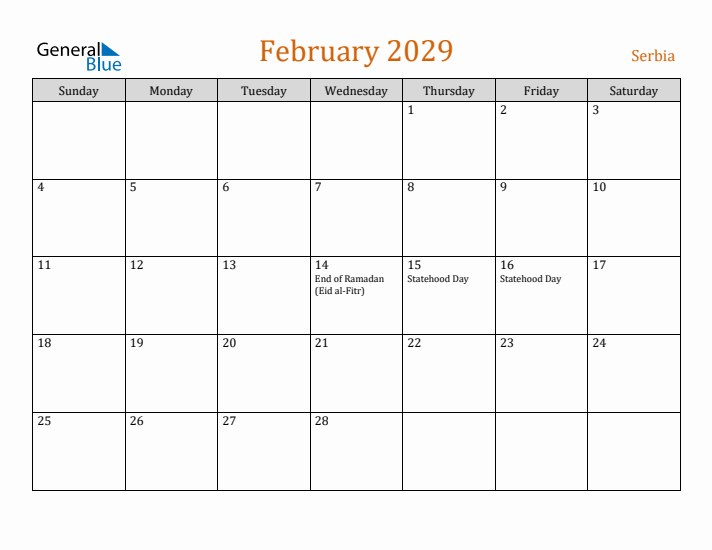 February 2029 Holiday Calendar with Sunday Start