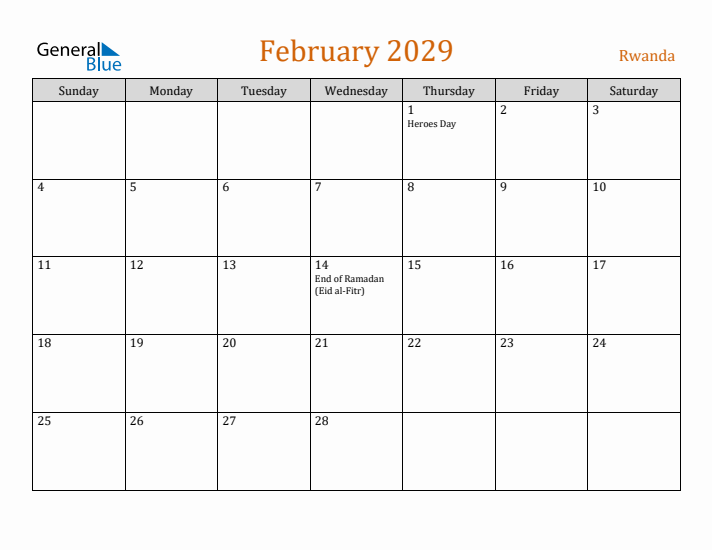 February 2029 Holiday Calendar with Sunday Start