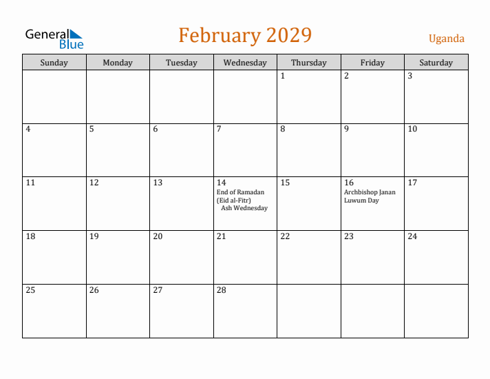 February 2029 Holiday Calendar with Sunday Start