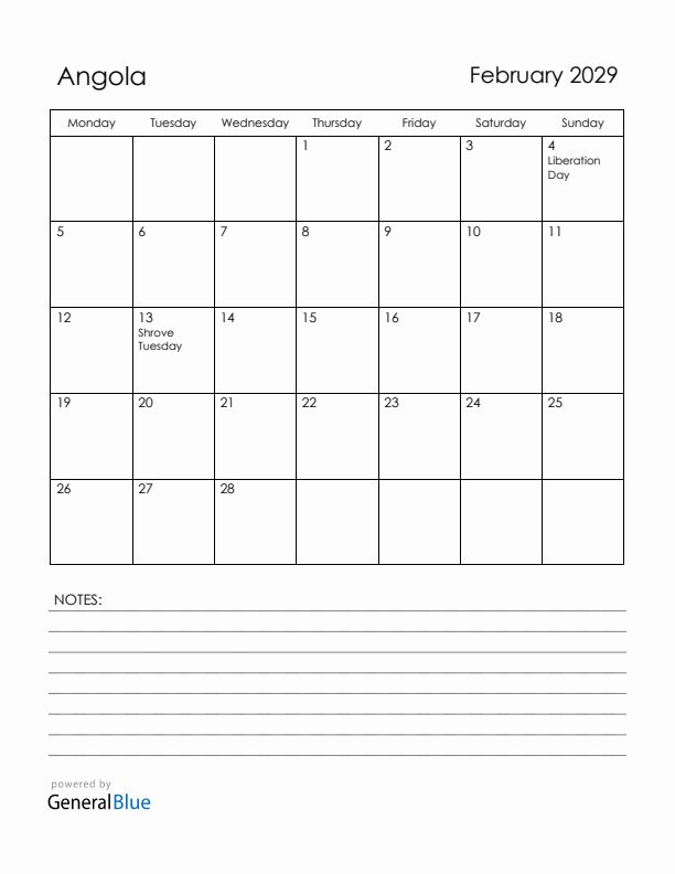 February 2029 Angola Calendar with Holidays (Monday Start)